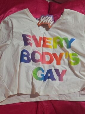 YITTY White Tee with Rainbow Gradient 'EVERY BODY'S GAY' Graphic